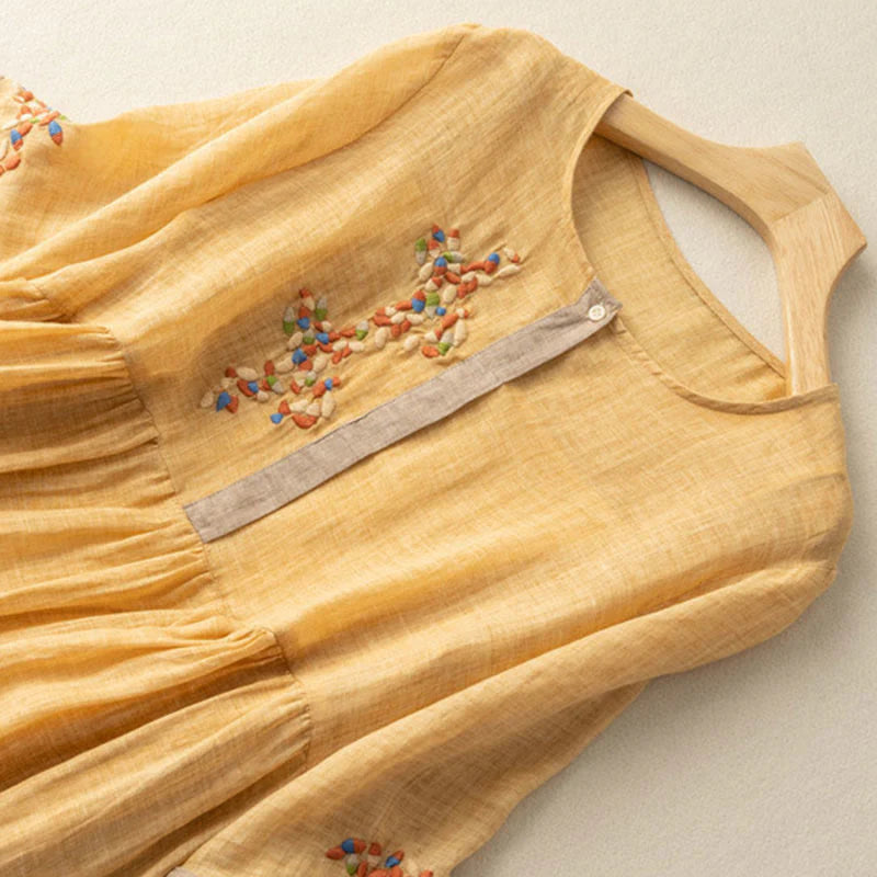 Buddha Stones Spring Ethnic Embroidery Half Sleeve Cotton Linen Women's Midi Dress