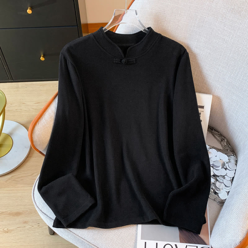 Buddha Stones Spring Solid Color Stand Collar Frog-button Design Women's Cotton Long Sleeve Shirt