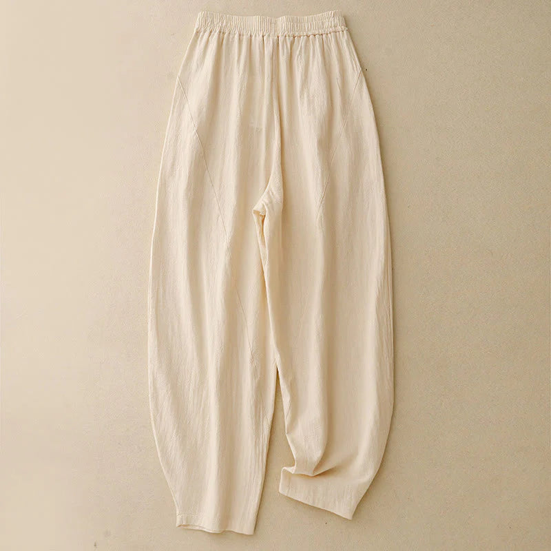Buddha Stones Daily Plain Elastic Waistband Cotton Linen Women's Pants With Pockets
