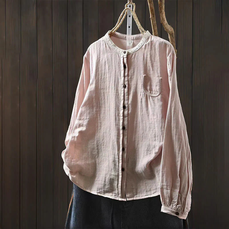 Buddha Stones Spring Fall Lace Collar Button Down Long Sleeve Women's Cotton Shirt