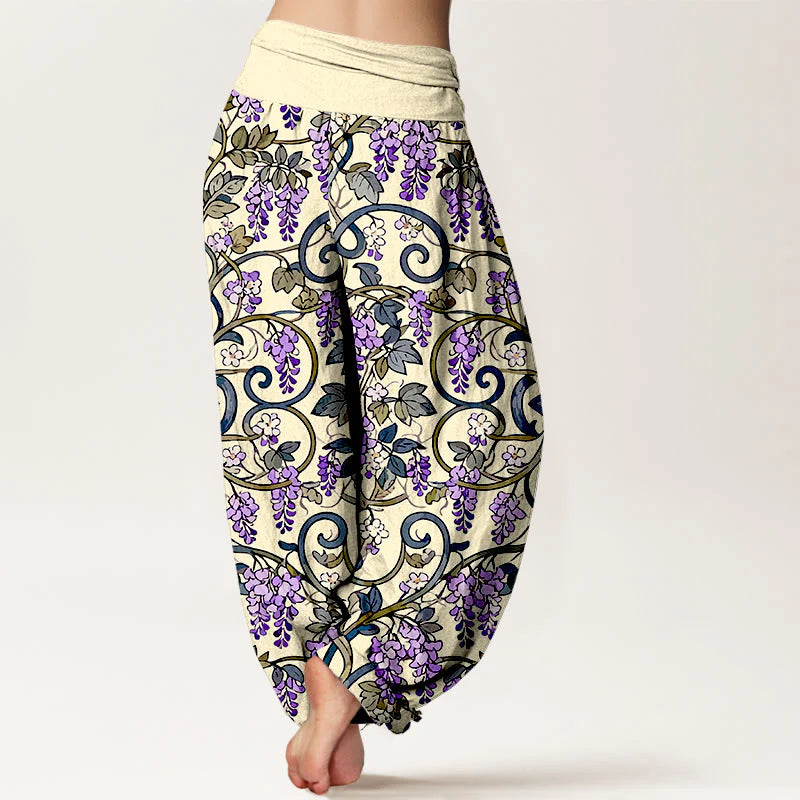 Buddha Stones Pure Cotton Retro Gorgeous Wisteria Women's Elastic Waist Harem Pants