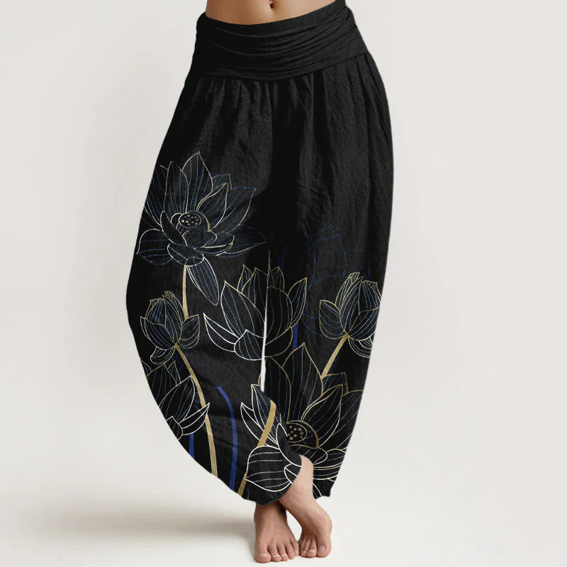 Buddha Stones Pure Cotton Minimalist Style Lotus Flower Pod Pattern Women's Elastic Waist Harem Pants