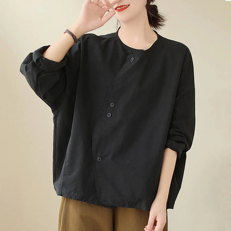 Buddha Stones Spring Plain Asymmetry Design Long Sleeve Women's Cotton Linen Jacket With Pockets