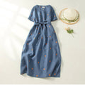 Buddha Stones Casual Dot Pattern Short Sleeve Lace-up Cotton Linen Women's Midi Dress With Pockets