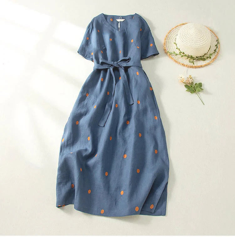 Buddha Stones Casual Dot Pattern Short Sleeve Lace-up Cotton Linen Women's Midi Dress With Pockets