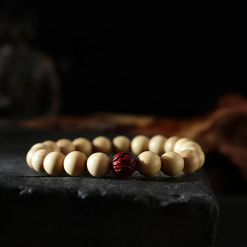 Buddha Stones Tibet Peach Wood Lotus Cinnabar Bagua Yin Yang Luck Wealth Bracelet