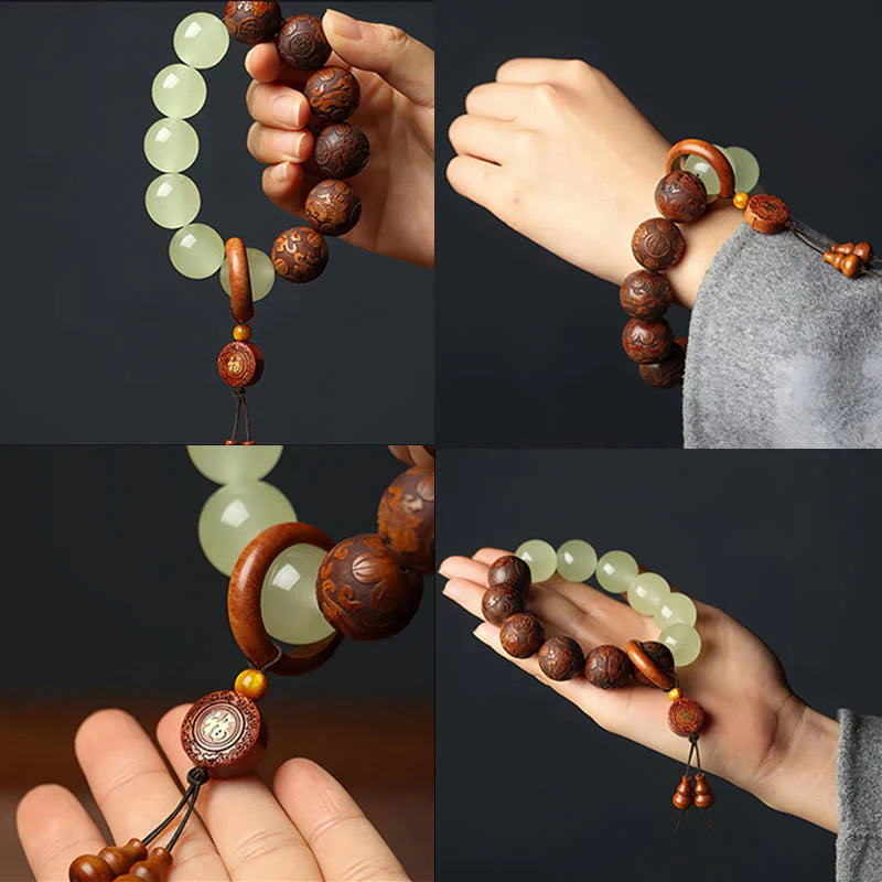 Buddha Stones Sappan Wood Engraving Pixiu Fu Character Cure Bracelet