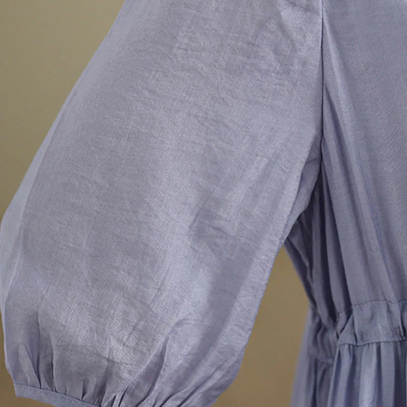 Buddha Stones Spring Floral Embroidery V Neck Tie Waist Elbow-Length Sleeve Women's Dress With Pockets