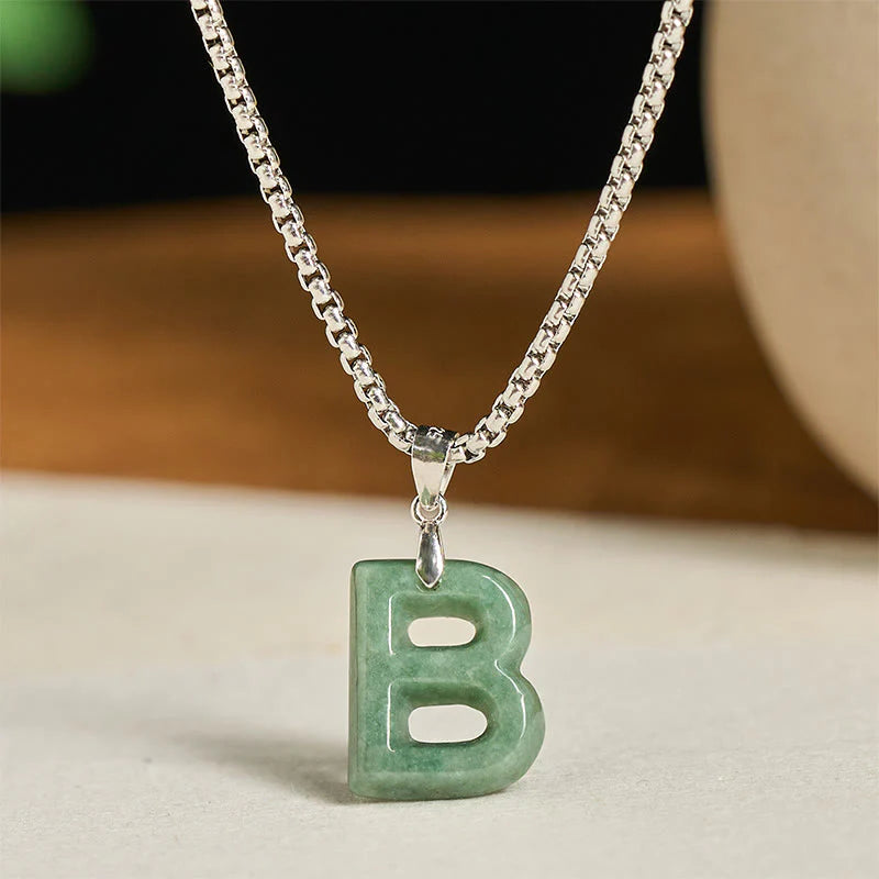 Buddha Stones Natural A-Z Letter Jade Titanium Steel Wide Chain Prosperity Necklace Pendant