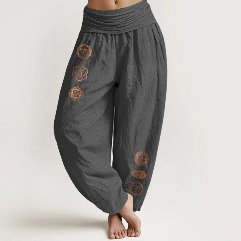 Buddha Stones Casual Chakra Symbol Pattern Pure Cotton Women's Elastic Waist Harem Pants