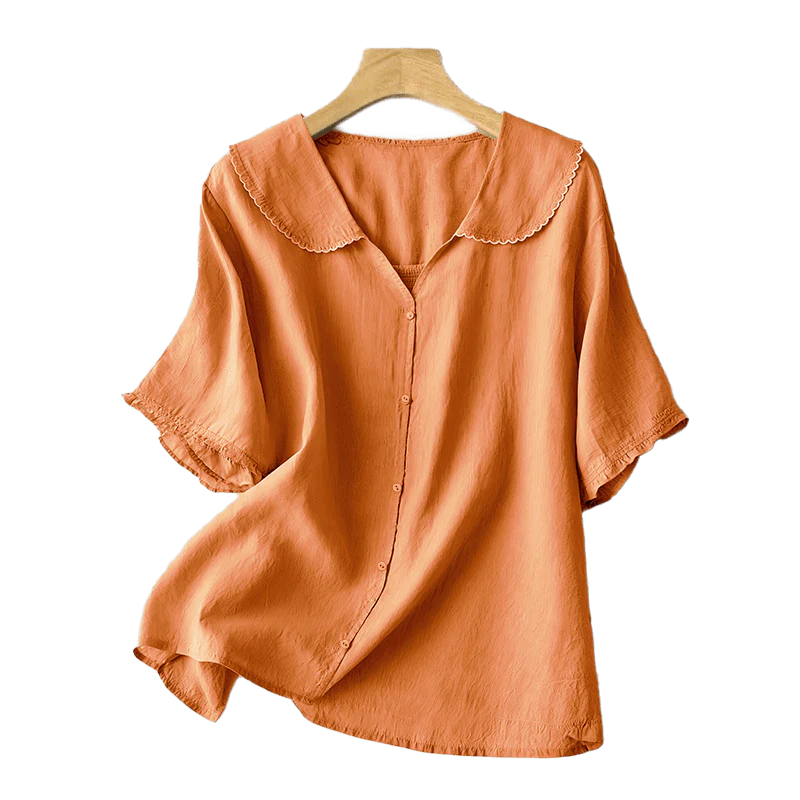 Buddha Stones Casual Plain Button Half Sleeve Middy Collar Women's Shirt