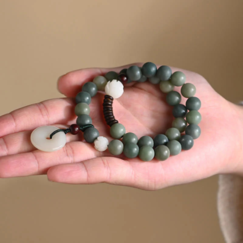 Buddha Stones Cyan Bodhi Seed Lotus Jade Peace Buckle Wisdom Double Wrap Bracelet