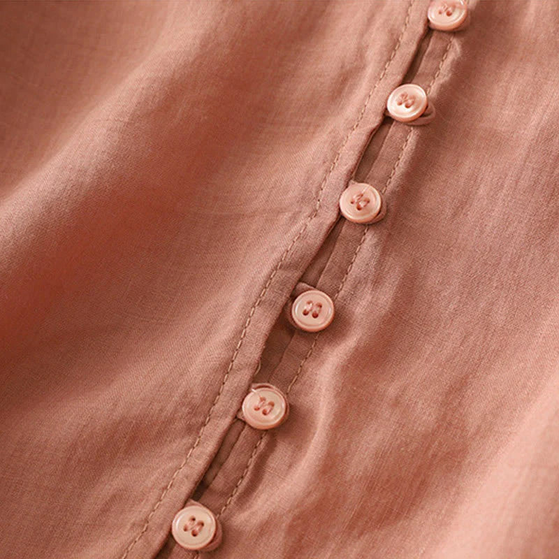 Buddha Stones Embroidery Button-down Women's Cotton Linen Shirt