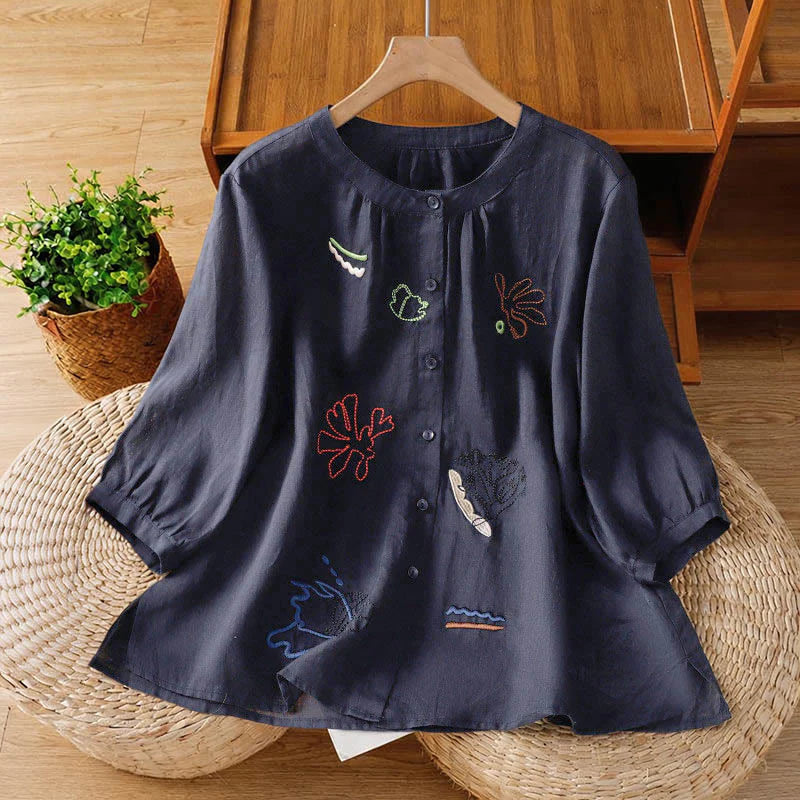 Buddha Stones Coral Gourd Pattern Crew Neck Half Sleeve Women's Polyester Shirt