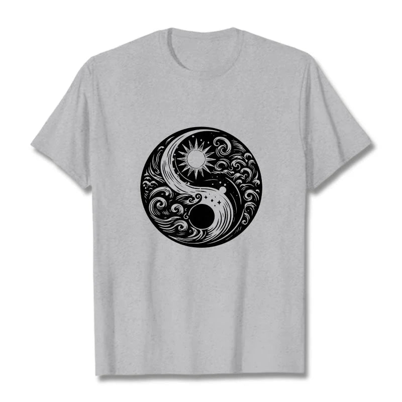 Buddha Stones Sun Moon Waves Yin Yang Pattern Cotton Tee T-shirt
