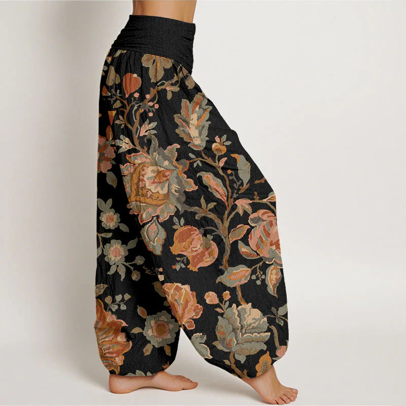 Buddha Stones Cotton Casual Blooming Flowers Buds Design Women's Elastic Waist Harem Pants