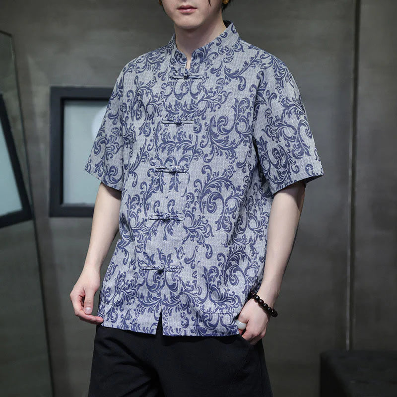 Buddha Stones Summer Floral Vine Pattern Tang Suit Men's Frog-Button Short Sleeve Shirt With Pockets