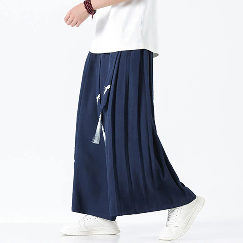 Buddha Stones Summer Dragon Drawstring Design Cotton Ankle-Length Men's Wide Leg Pants With Pockets
