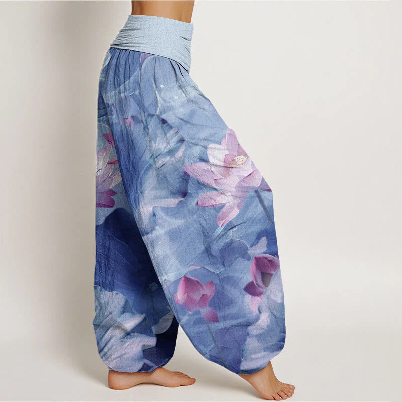 Buddha Stones Cotton Casual Lotus Petal Pond Pattern Women's Elastic Waist Harem Pants