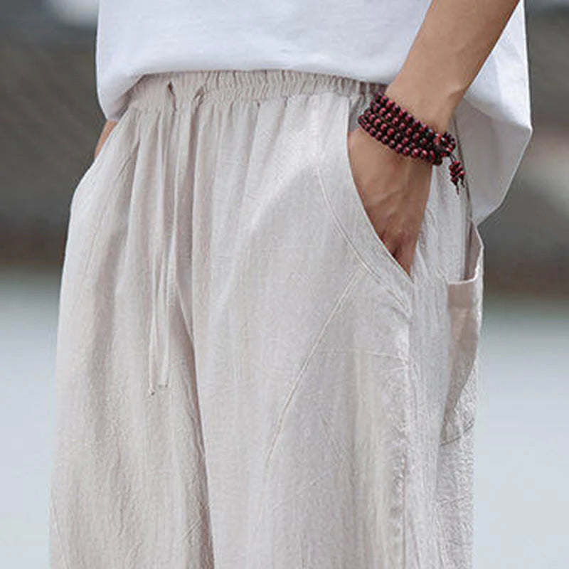 Buddha Stones Solid Drawstring Men's Elastic Waistband Cotton Linen Pants With Pockets