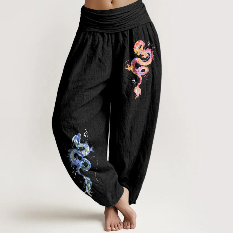 Buddha Stones Pure Cotton Striking Dragon Pattern Women's Elastic Waist Harem Pants