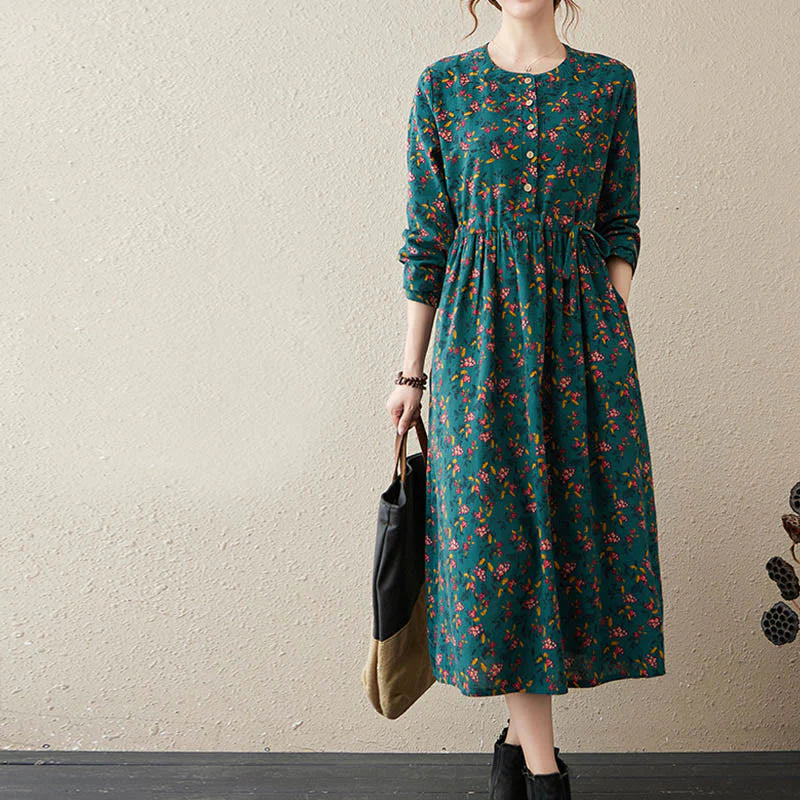 Buddha Stones Ethnic Printing Floral Long Sleeve Buttons Design Cotton Linen Midi Dress With Pockets