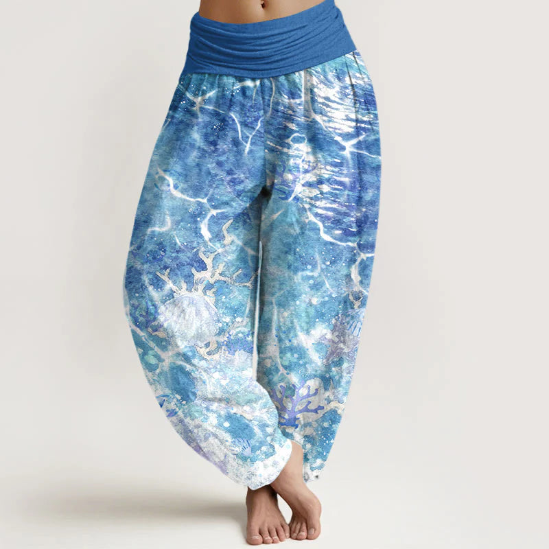 Buddha Stones Cotton Lively Ocean Seashells Coral Pattern Women's Elastic Waist Harem Pants