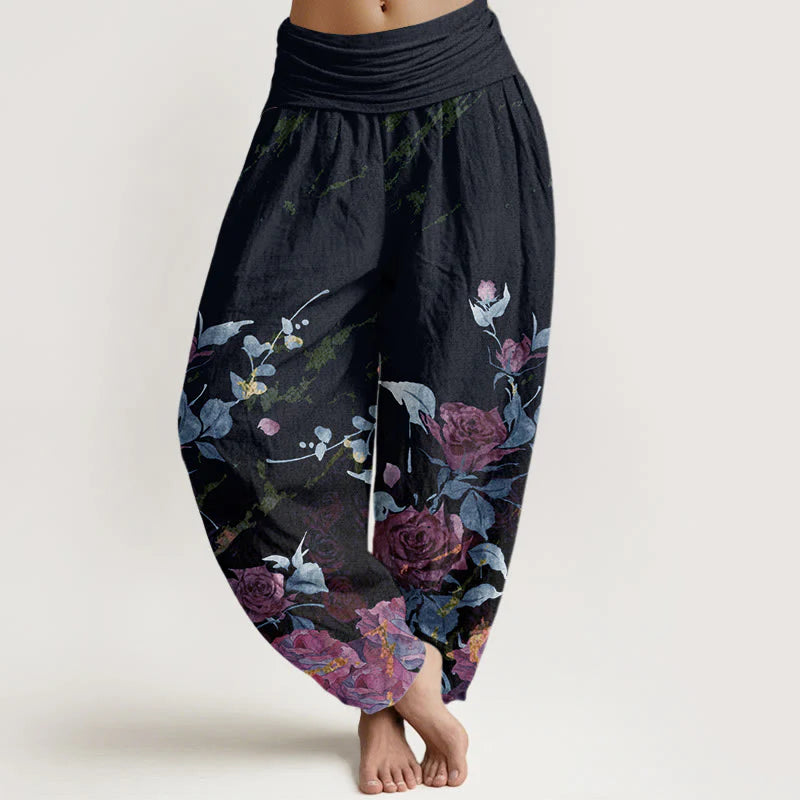 Buddha Stones Cotton Blooming Roses Pattern Women's Elastic Waist Harem Pants