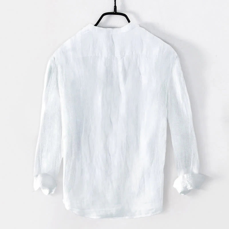 Buddha Stones Solid Color Short Sleeve Half Button Shirt Cotton Linen Men Clothing