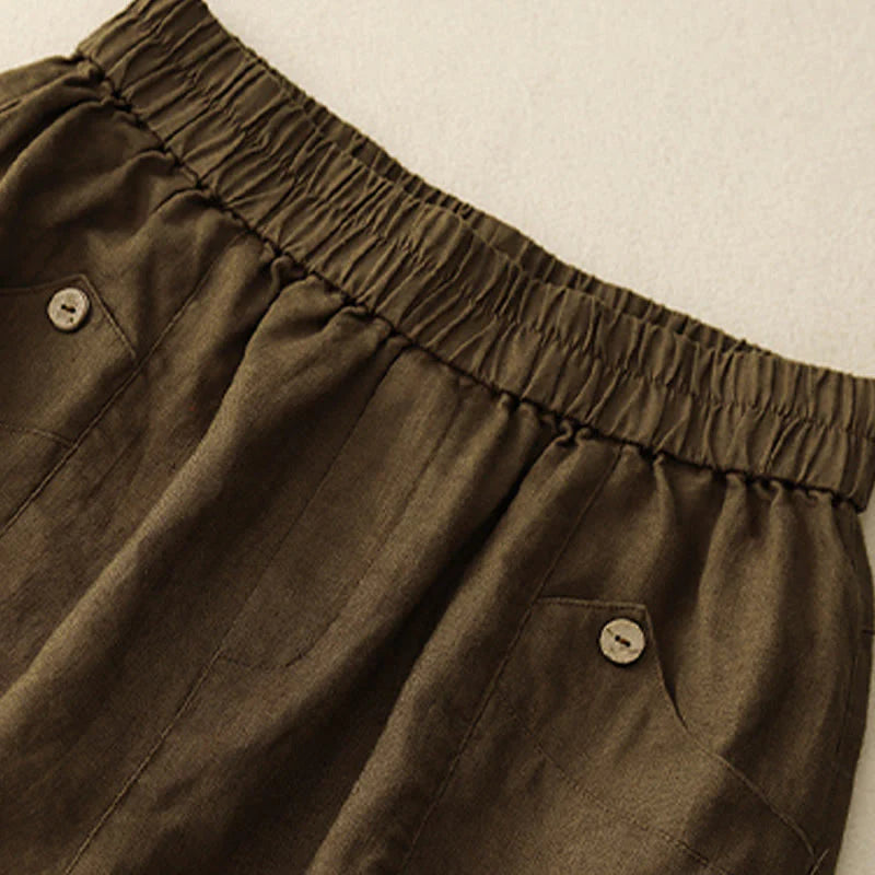 Buddha Stones Summer Casual Buttons Plain Cotton Women's Shorts With Pockets
