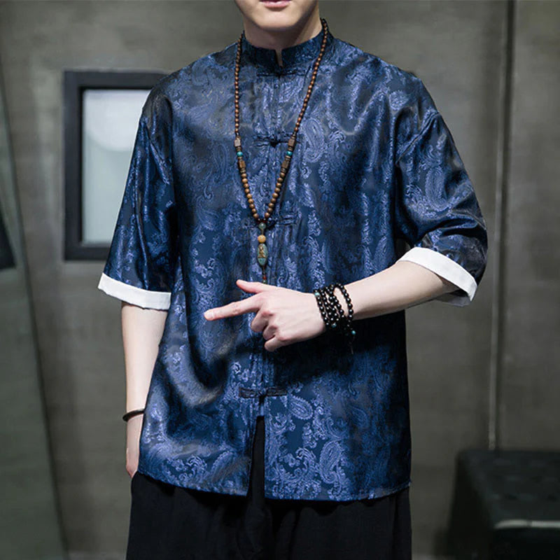 Buddha Stones Summer Cashew Flowers Pattern Men's Frog-Button Half Sleeve Shirts