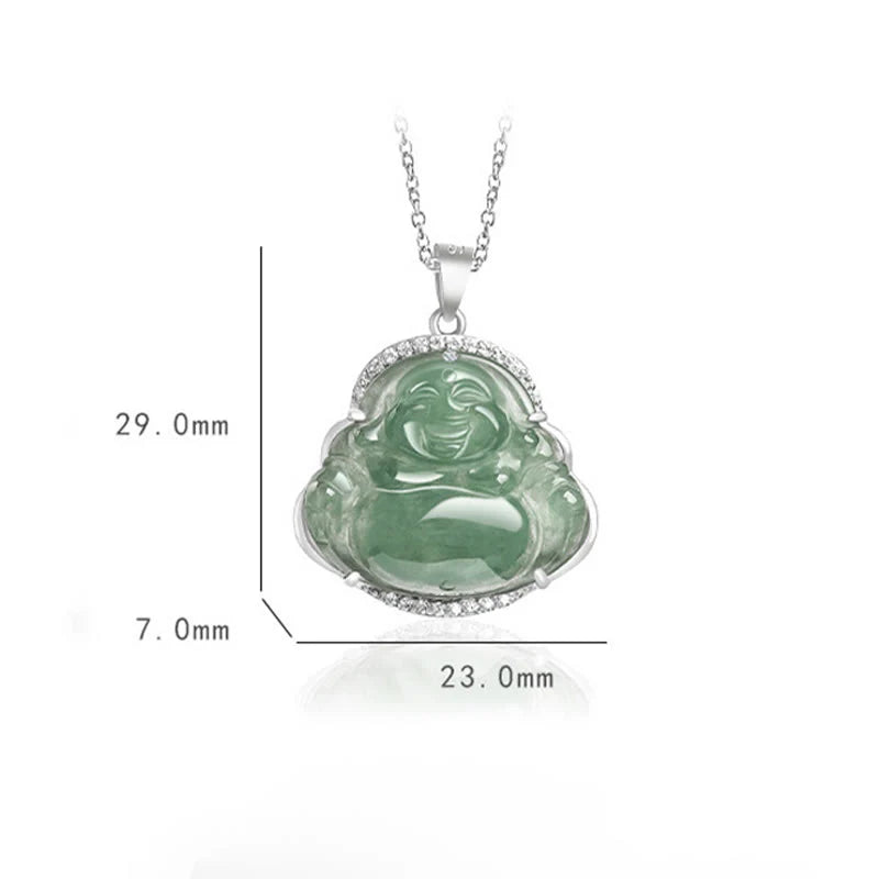 Buddha Stones Laughing Buddha Natural Jade Luck Prosperity Necklace Titanium Steel Chain Pendant