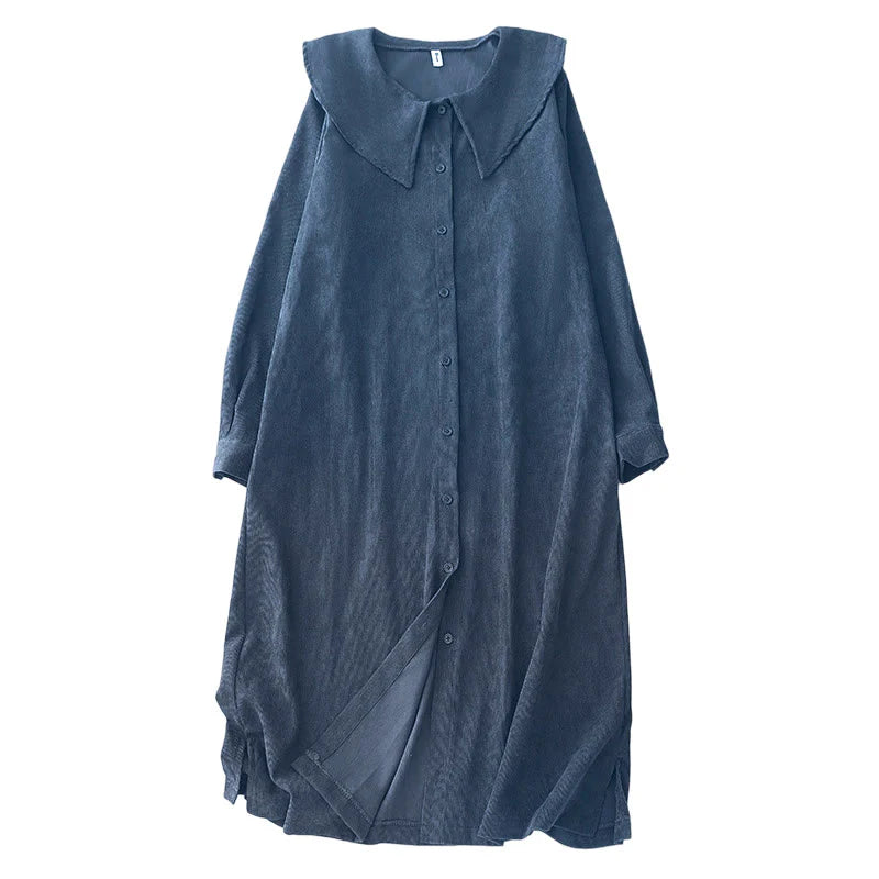 Buddha Stones Fall Plain Buttons Design Long Sleeve Corduroy Midi Dress With Pockets