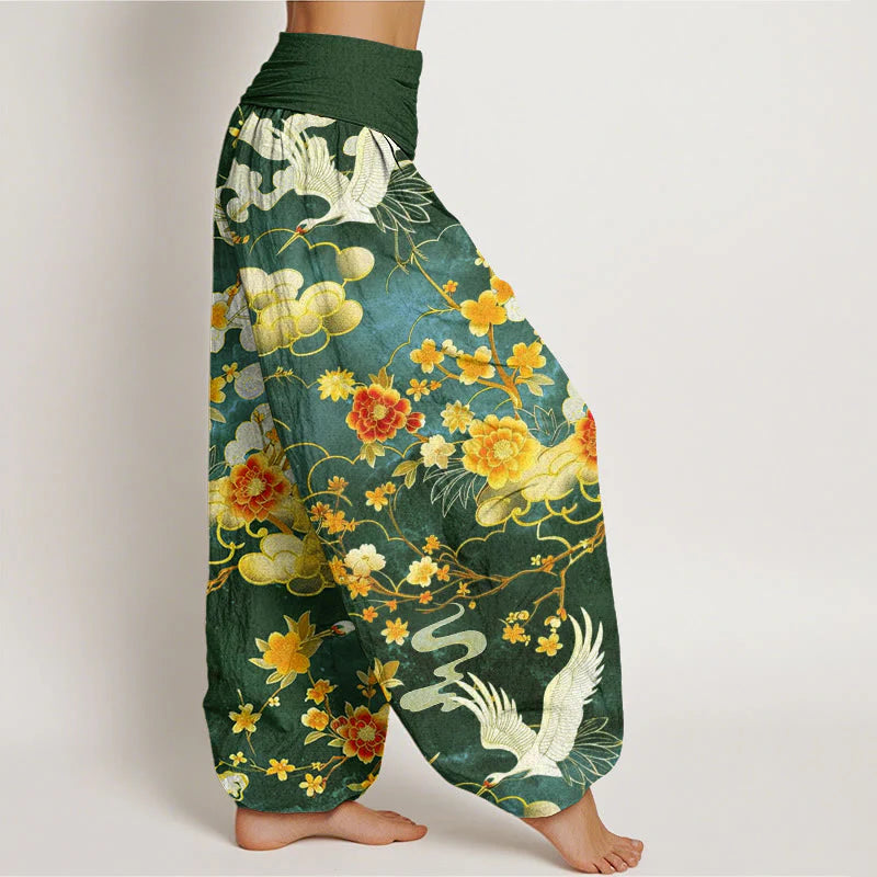 Buddha Stones Cotton Auspicious Clouds White Cranes Red Flowers Pattern Design Women's Elastic Waist Harem Pants