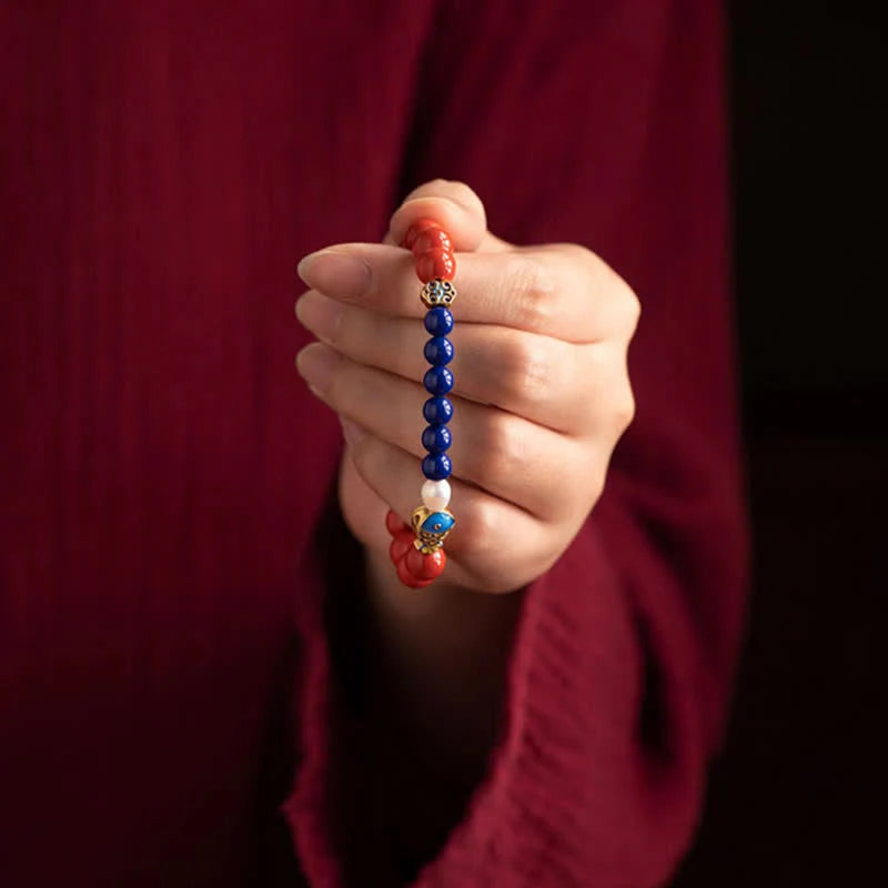 Buddha Stones Cinnabar Lapis Lazuli Koi Fish Ruyi Cloud Charm Blessing Beaded Bracelet