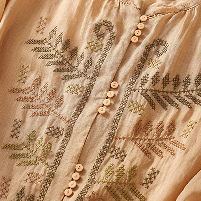 Buddha Stones Casual Artistic Embroidery Leaves Pattern Women's Cotton Linen Three Quarter Sleeve Shirt Cardigan