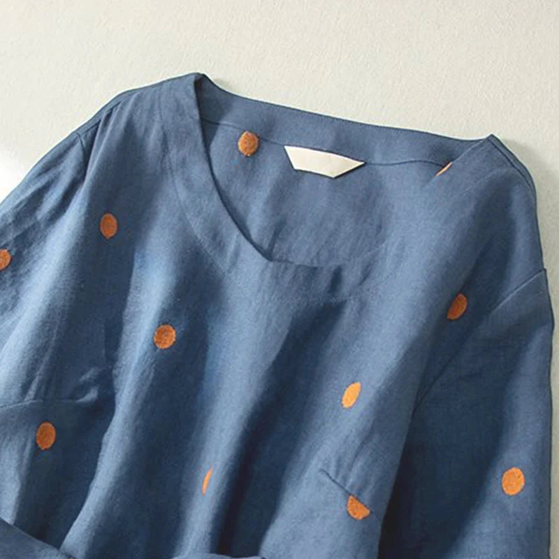 Buddha Stones Casual Dot Pattern Short Sleeve Lace-up Cotton Linen Women's Midi Dress With Pockets