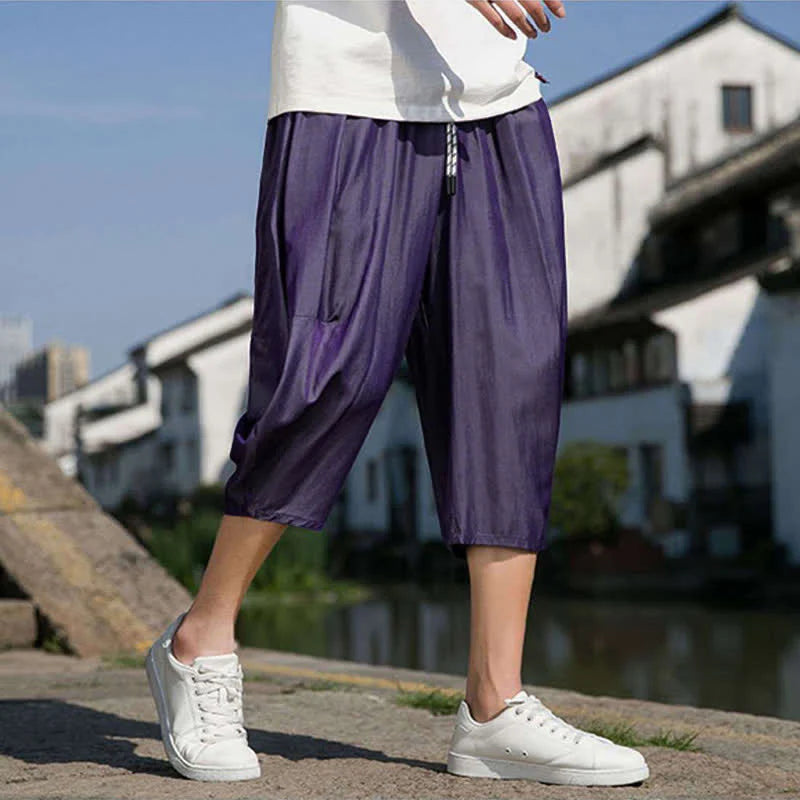 Buddha Stones Summer Elastic Waist Drawstring Solid Color Half Men's Tapered Pants With Pockets