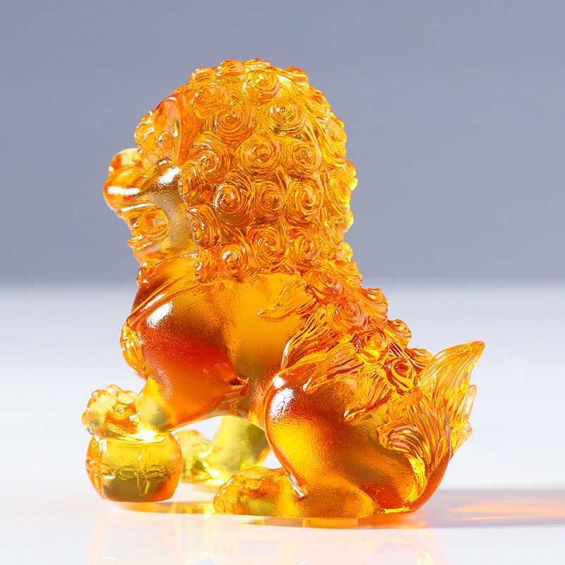 Buddha Stones Handmade Liuli Crystal Lion Art Piece Strength Home Office Decoration