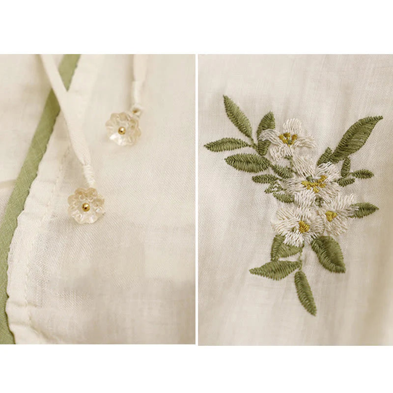 Buddha Stones Beige Floral Green Leaf Embroidery Crew Neck Three Quarter Sleeve Women's Cotton Shirt