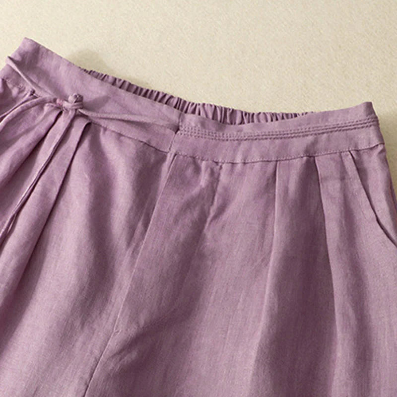 Buddha Stones Spring Casual Solid Color Drawstring Design  Women's Cotton Linen 7-8 Length Wide Leg Pants With Pockets