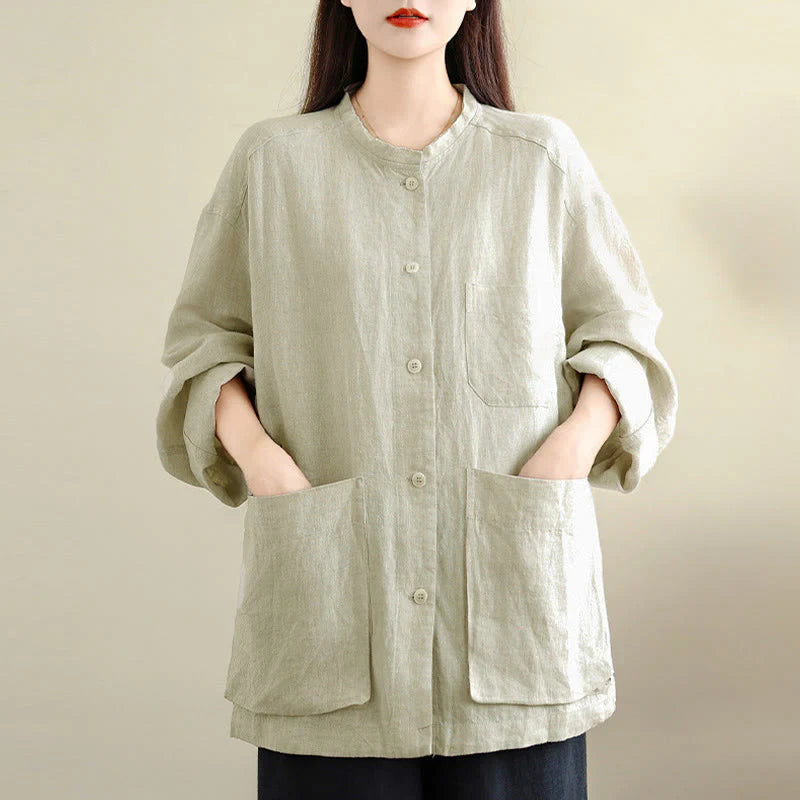 Buddha Stones Spring Crew Neck Long Sleeve Plain Women's Cotton Buttons Shirt With Pockets
