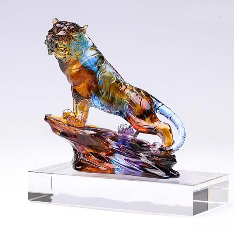 Buddha Stones Handmade Liuli Crystal Tiger Art Piece Protection Home Decoration