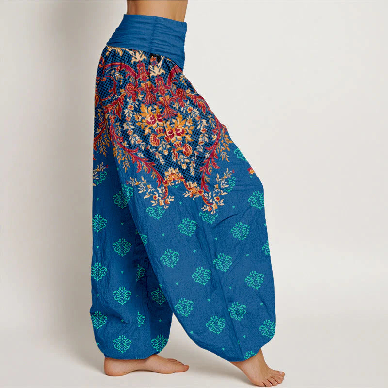 Buddha Stones Cotton Symmetrical Leaf  Scroll Pattern Women's Elastic Waist Harem Pants