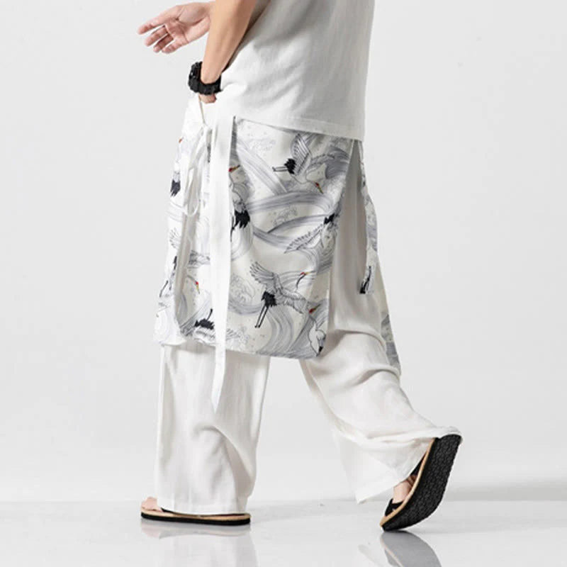 Buddha Stones Summer Flying Crane Design Cotton Men's Wide Leg Pants With Pockets