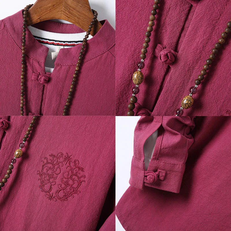 Buddha Stones 2Pcs Solid Color Men's Frog-Button Long Sleeve Cotton Shirt Pants Set With Pockets