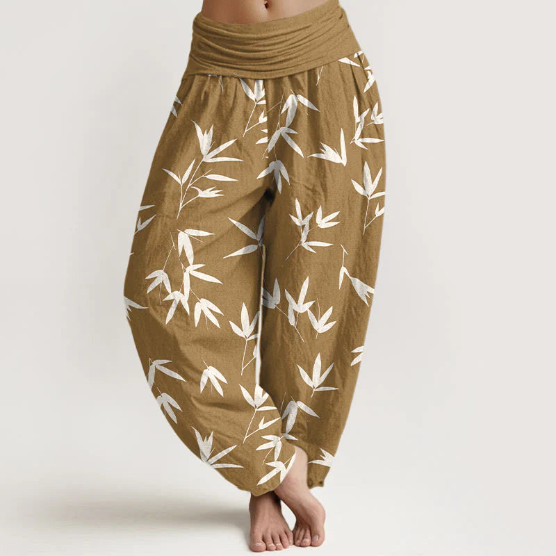 Buddha Stones Pure Cotton Simple Elegant Bamboo Leaf Pattern Women's Elastic Waist Harem Pants