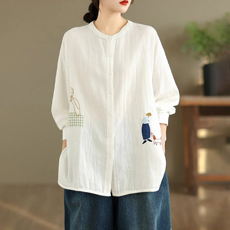 Buddha Stones Fall Embroidery Human Figure Dog Pattern Round Neck Buttons Women's Long Sleeve Shirt