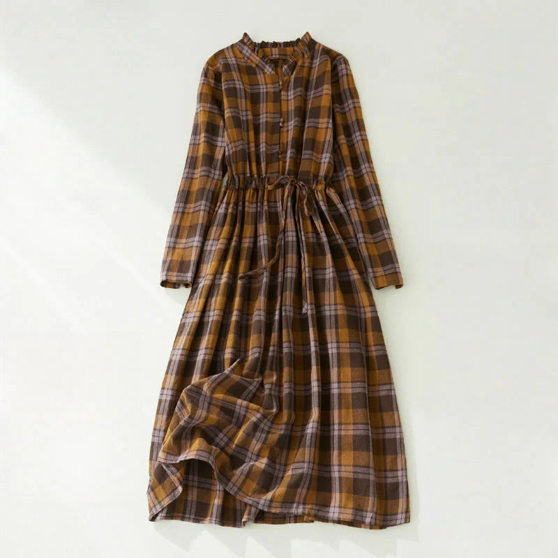 Buddha Stones Plaid Ruffled V-Neck Long Sleeve Drawstring Cotton Linen Midi Dress With Pockets