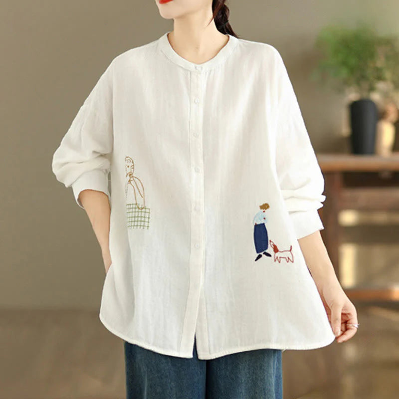 Buddha Stones Fall Embroidery Human Figure Dog Pattern Round Neck Buttons Women's Long Sleeve Shirt